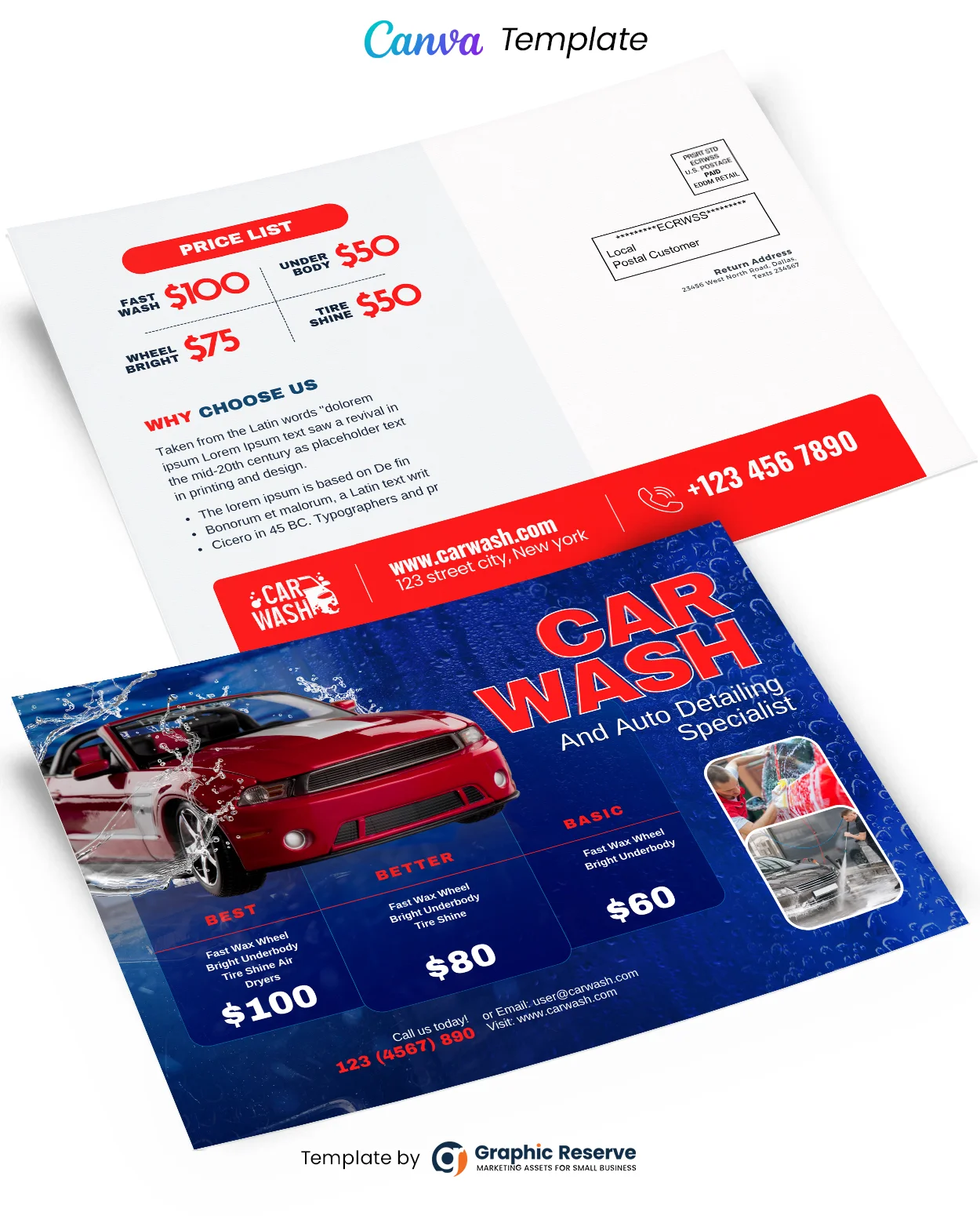 Editable Canva Template for Car Wash Pricing Direct Mail Postcards 1 Editable Canva Template for Car Wash Pricing Direct Mail Postcards