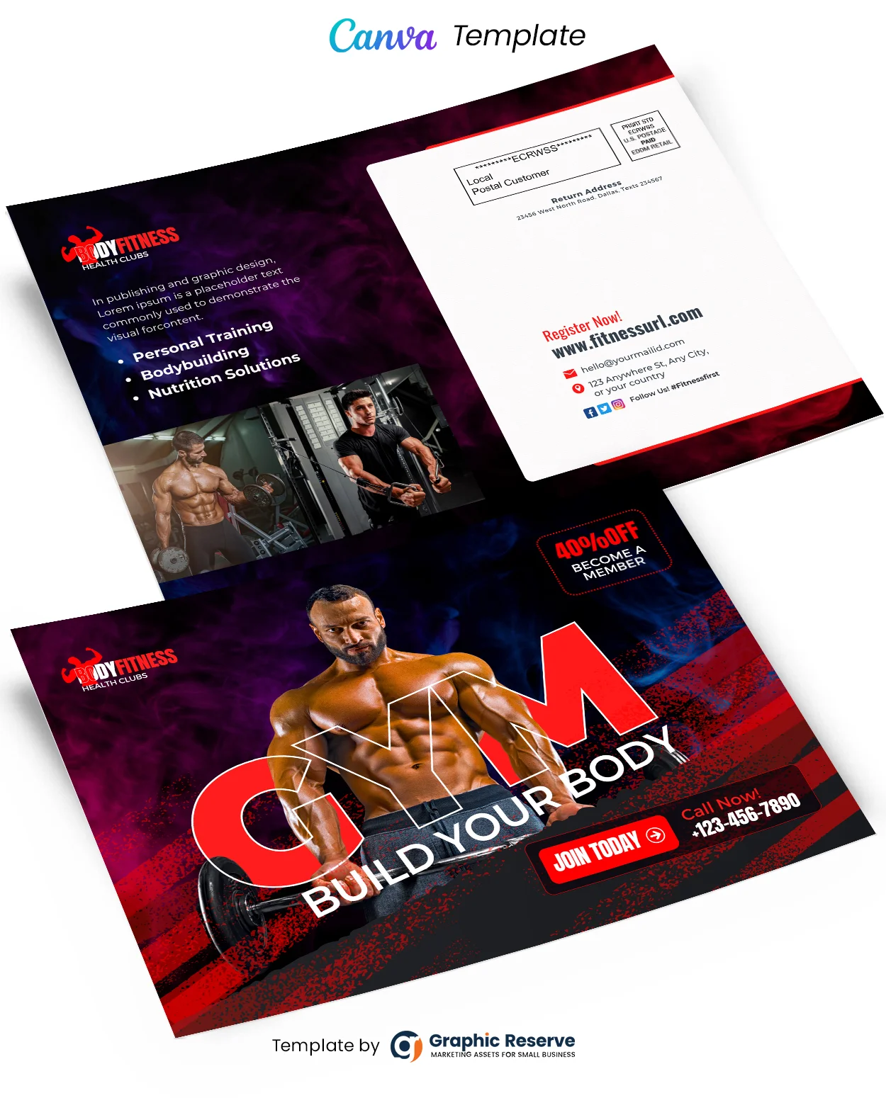 Gym Fitness Direct Mail EDDM Postcard Template - Editable in Canva 1 Gym Fitness Direct Mail EDDM Postcard Template - Editable in Canva