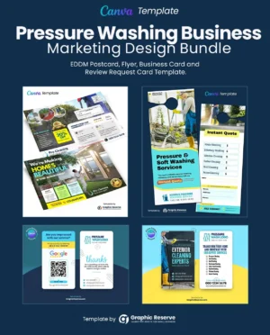 Pressure Washing Business Marketing Bundle – Canva Templates for Door Hanger, Coupon Postcard, Review & Business Cards