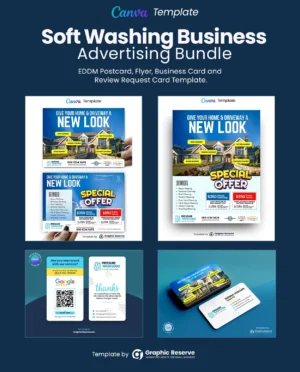 Soft Washing Business Advertising Bundle – EDDM Postcard, Coupon Flyer, Quote & Review Cards (Editable Canva Templates)